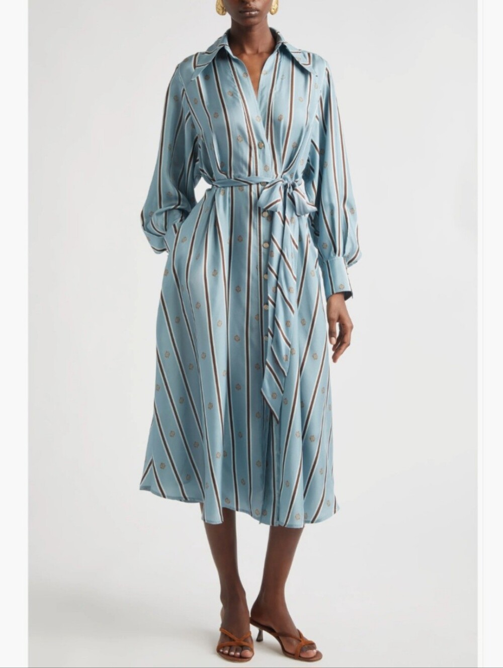 Zimmermann Emblem Tuck Long Sleeve Belted Midi Silk Shirtdress New Blue Size  6